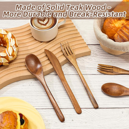 12 Pcs Wooden Utensils for Eating Set Wooden Spoon Fork Knife Cutlery Set Kitchen Wood Utensils Dinner Flatware Tableware (Teak Wood).