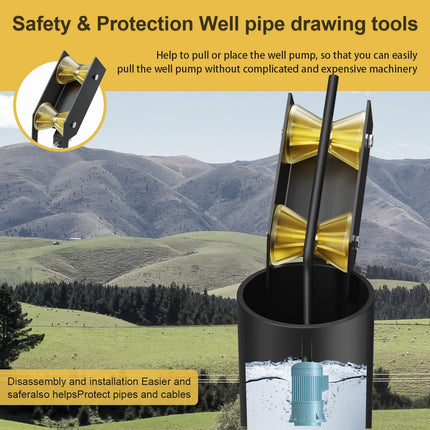 Well Pump Pulling & Installing Assist Tool, Rollers for Wire, Cable, Poly Pipe, Flexible Pipe, Pulling Well Pump the Easy Way, Sits on Top of the Well Casing to Assist Pulling.
