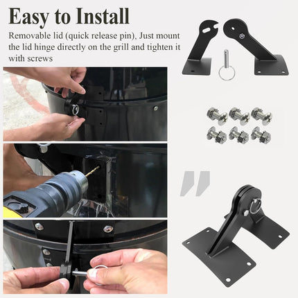Stainless Lid Hinge Kit Compatible with Weber Smokey Mountain Grill 18.5" & 22.5" Model, One Touch BBQ Quick Release - Let The Lid Connect to The Grill, Black.