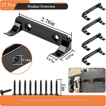 25 Pcs Sturdy Wall Bracket, Vertical Car Display Wall Mount, with 50 Pcs Screws, Compatible with Speed Champion Series Brick Car Models, Display Collectible Cars Vertical by Wheels on Wall, Black.