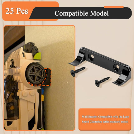 25 Pcs Sturdy Wall Bracket, Vertical Car Display Wall Mount, with 50 Pcs Screws, Compatible with Speed Champion Series Brick Car Models, Display Collectible Cars Vertical by Wheels on Wall, Black.