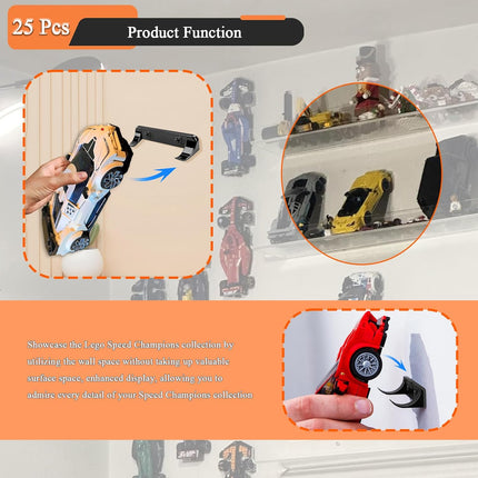 25 Pcs Sturdy Wall Bracket, Vertical Car Display Wall Mount, with 50 Pcs Screws, Compatible with Speed Champion Series Brick Car Models, Display Collectible Cars Vertical by Wheels on Wall, Black.