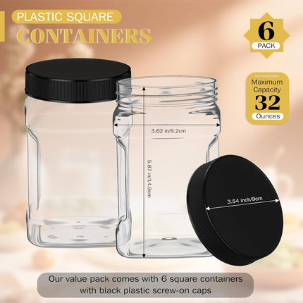 6 Pcs Square Clear Plastic Jars with Pinch Handle Plastic Storage Container with Screw-on Lids Reusable Wide Mouth Canisters for Dry Good Peanut Cookies Candy (32 oz,Black Lids).