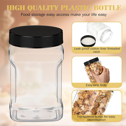 6 Pcs Square Clear Plastic Jars with Pinch Handle Plastic Storage Container with Screw-on Lids Reusable Wide Mouth Canisters for Dry Good Peanut Cookies Candy (32 oz,Black Lids).