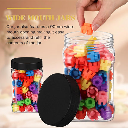 6 Pcs Square Clear Plastic Jars with Pinch Handle Plastic Storage Container with Screw-on Lids Reusable Wide Mouth Canisters for Dry Good Peanut Cookies Candy (32 oz,Black Lids).