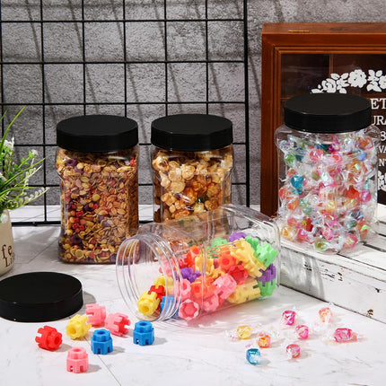 6 Pcs Square Clear Plastic Jars with Pinch Handle Plastic Storage Container with Screw-on Lids Reusable Wide Mouth Canisters for Dry Good Peanut Cookies Candy (32 oz,Black Lids).