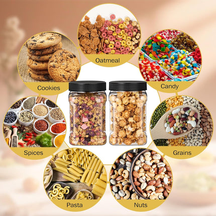 6 Pcs Square Clear Plastic Jars with Pinch Handle Plastic Storage Container with Screw-on Lids Reusable Wide Mouth Canisters for Dry Good Peanut Cookies Candy (32 oz,Black Lids).