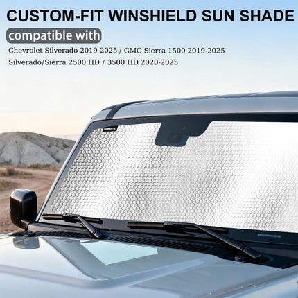 Windshield Sun Shade Compatible with Chevrolet Silverado/GMC Sierra 1500 2019-2025,Silverado/Sierra 2500 HD,3500 HD 2020-2025 Custom Fit Foldable Sun Shade for Car Windshield Reflective Aluminum Film.