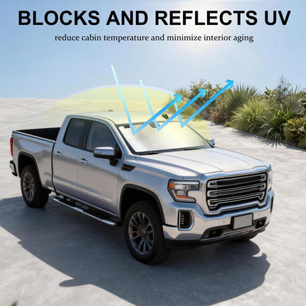 Windshield Sun Shade Compatible with Chevrolet Silverado/GMC Sierra 1500 2019-2025,Silverado/Sierra 2500 HD,3500 HD 2020-2025 Custom Fit Foldable Sun Shade for Car Windshield Reflective Aluminum Film.