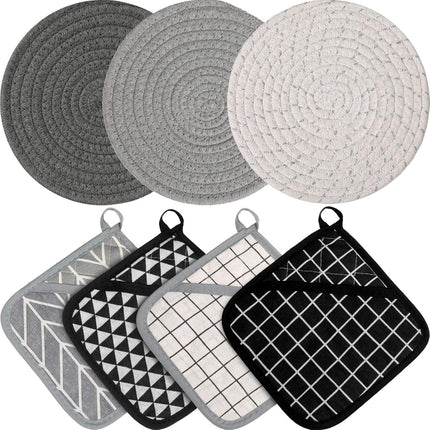 7 Pieces Square Pot Holders Washable Heat Resistant Pocket Mitt with Hanging Loop and Round Thread Weave Coaster Braided Drink Hot Pad Absorbent Woven Coaster for Kitchen Cooking Dinning.