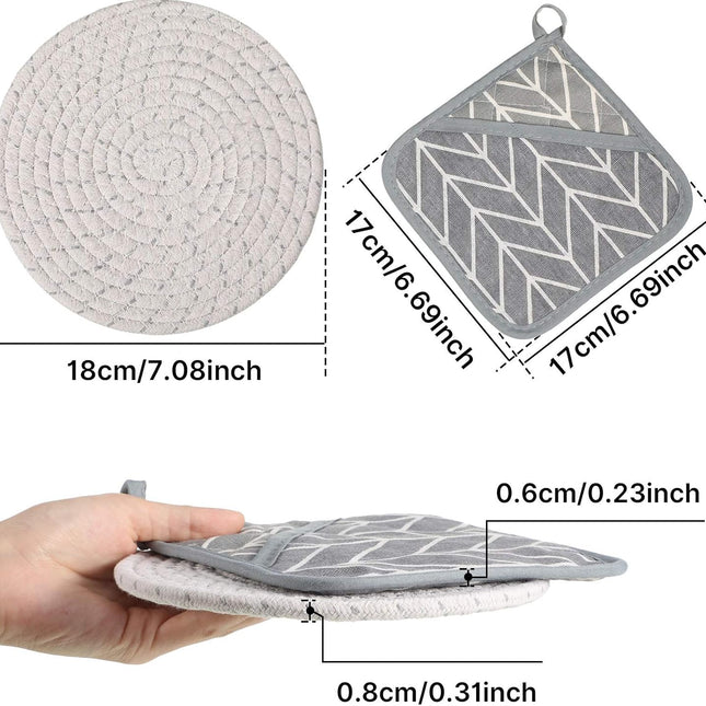 7 Pieces Square Pot Holders Washable Heat Resistant Pocket Mitt with Hanging Loop and Round Thread Weave Coaster Braided Drink Hot Pad Absorbent Woven Coaster for Kitchen Cooking Dinning.