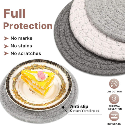 7 Pieces Square Pot Holders Washable Heat Resistant Pocket Mitt with Hanging Loop and Round Thread Weave Coaster Braided Drink Hot Pad Absorbent Woven Coaster for Kitchen Cooking Dinning.