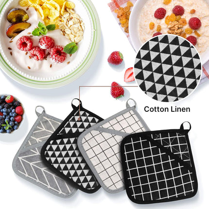 7 Pieces Square Pot Holders Washable Heat Resistant Pocket Mitt with Hanging Loop and Round Thread Weave Coaster Braided Drink Hot Pad Absorbent Woven Coaster for Kitchen Cooking Dinning.