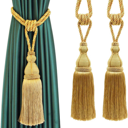 2 Pack Tassel Curtain Tiebacks Holdback Large Handmade Drapery Tie-Backs Rope Home Office Hotel Elegant Decorative (Gold).