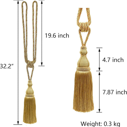 2 Pack Tassel Curtain Tiebacks Holdback Large Handmade Drapery Tie-Backs Rope Home Office Hotel Elegant Decorative (Gold).