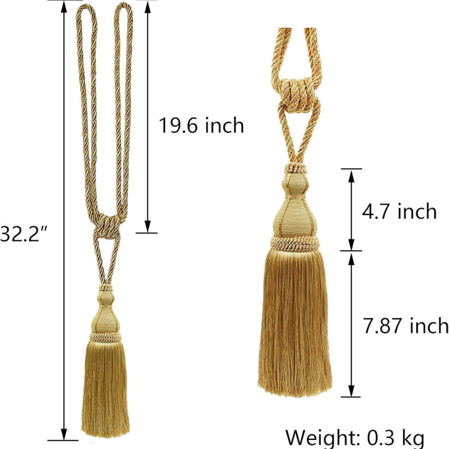 2 Pack Tassel Curtain Tiebacks Holdback Large Handmade Drapery Tie-Backs Rope Home Office Hotel Elegant Decorative (Gold).