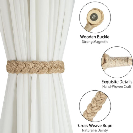 Jute Curtain Tiebacks Magnetic Woven Curtain Holdback Drapery Tie-Back (Jute-2Pack).
