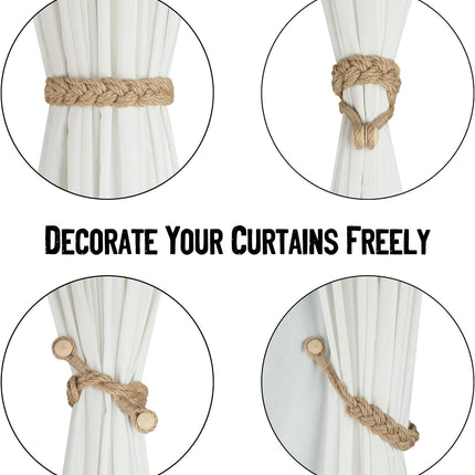 Jute Curtain Tiebacks Magnetic Woven Curtain Holdback Drapery Tie-Back (Jute-2Pack).