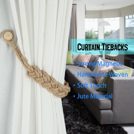 Jute Curtain Tiebacks Magnetic Woven Curtain Holdback Drapery Tie-Back (Jute-2Pack).