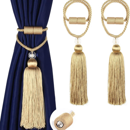 Magnetic Curtain Tiebacks Tassel Ties Backs Holdbacks Rope Convenient Drapes Handmade Home Office Decorative (Gold).