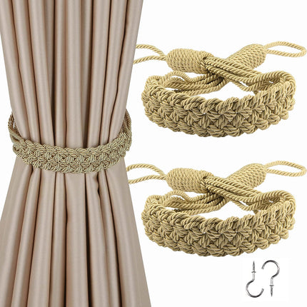 Curtain Tiebacks Ropes Hand-Woven Weave Braid Ties Handmade Home Office Decorative Holdbacks with 2 Metal Screw Hooks (Gold).