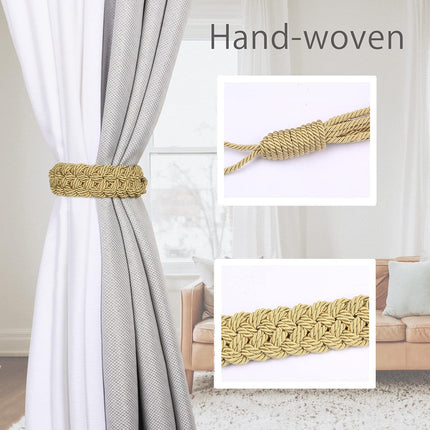 Curtain Tiebacks Ropes Hand-Woven Weave Braid Ties Handmade Home Office Decorative Holdbacks with 2 Metal Screw Hooks (Gold).