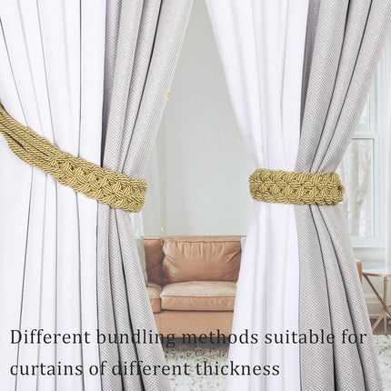 Curtain Tiebacks Ropes Hand-Woven Weave Braid Ties Handmade Home Office Decorative Holdbacks with 2 Metal Screw Hooks (Gold).