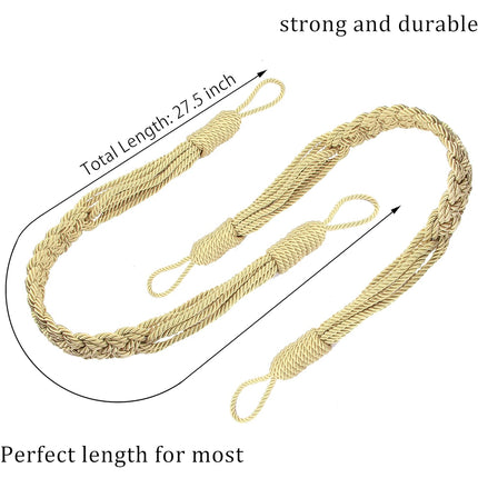 Curtain Tiebacks Ropes Hand-Woven Weave Braid Ties Handmade Home Office Decorative Holdbacks with 2 Metal Screw Hooks (Gold).
