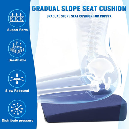 2 Pcs Wedge Seat Cushion for Coccyx 15" Gradual Slope Sciatica Tailbone Cushion with Washable Cover Soft Foam Pad for Pain Relief Driving Office Chairs Recliner Wheelchair, Blue.