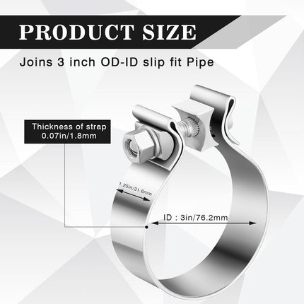 4 Pcs 3 Inch Muffler Clamp, Narrow Band Muffler Clamp Stainless Steel for Pipes and System Repair.