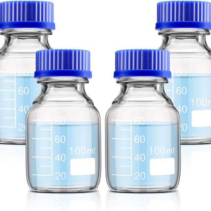4 Pieces Glass Round Media Storage Glass Bottles Borosilicate Media Bottles with GL45 Blue Screw Cap for Lab Water Reagent Liquids(100 ml).
