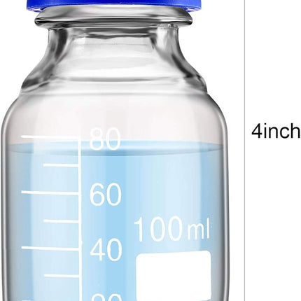 4 Pieces Glass Round Media Storage Glass Bottles Borosilicate Media Bottles with GL45 Blue Screw Cap for Lab Water Reagent Liquids(100 ml).