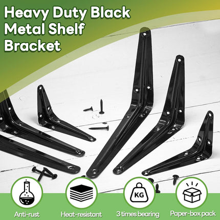 24 Pack Shelf Brackets 8 x 6 Inch, Heavy Duty Black Metal Floating Shelf Bracket, L Bracket Corner Brace Support J Bracket, Decorative Joint Angle Bracket for Hanging.