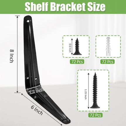 24 Pack Shelf Brackets 8 x 6 Inch, Heavy Duty Black Metal Floating Shelf Bracket, L Bracket Corner Brace Support J Bracket, Decorative Joint Angle Bracket for Hanging.