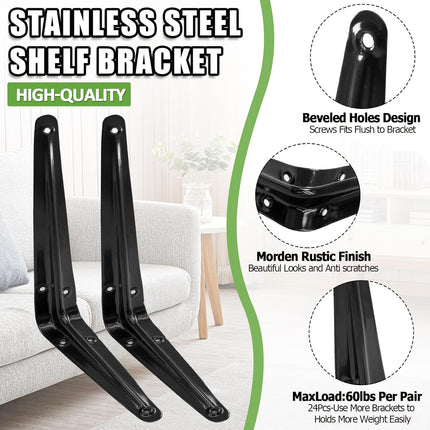 24 Pack Shelf Brackets 8 x 6 Inch, Heavy Duty Black Metal Floating Shelf Bracket, L Bracket Corner Brace Support J Bracket, Decorative Joint Angle Bracket for Hanging.