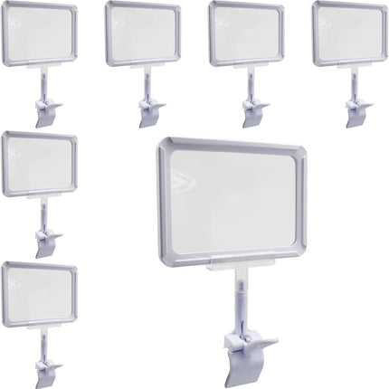 7 Pack White Acrylic Sign Holder with Clamp, 7x9 Inch Double Head Display Clips with Rotating Base and Sign Clip for Clothing, Retail, Boutique Display.