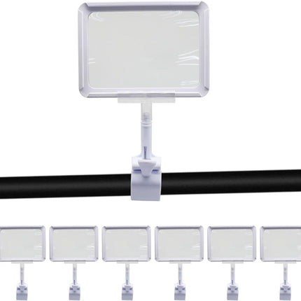 7 Pack White Acrylic Sign Holder with Clamp, 7x9 Inch Double Head Display Clips with Rotating Base and Sign Clip for Clothing, Retail, Boutique Display.