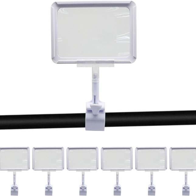 7 Pack White Acrylic Sign Holder with Clamp, 7x9 Inch Double Head Display Clips with Rotating Base and Sign Clip for Clothing, Retail, Boutique Display.