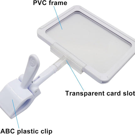 7 Pack White Acrylic Sign Holder with Clamp, 7x9 Inch Double Head Display Clips with Rotating Base and Sign Clip for Clothing, Retail, Boutique Display.