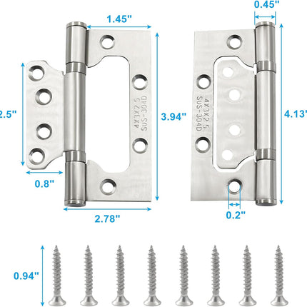 6 Pack Silver Non Mortise Door Hinges, 4"x3" Stainless Steel Bifold Door Hinges Thicken Heavy Duty Interior Gate Hinges with Mounting Screws.