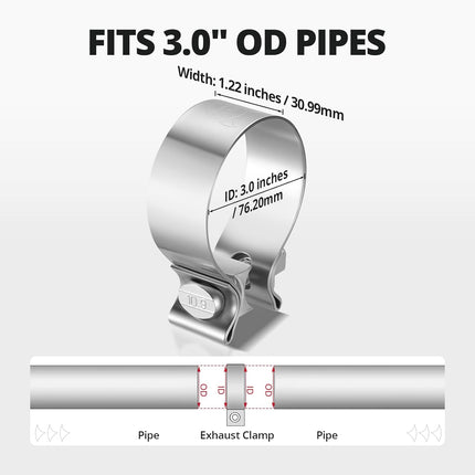 3 inch Exhaust Clamp, 3" Narrow Band Muffler Clamp Stainless Steel for Heavy-duty Exhaust systems, Downpipes, Catback Exhausts, Mufflers,Tailpipes 4 Pack.