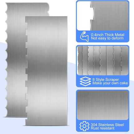 4 Pieces Stainless Steel Cake Scraper Smoother Large Double Sided Patterned Edge Stripe 9 Inch Metal Cake Decorating Comb for Icing Mousse Butter Cream Decoration, 4 Styles.