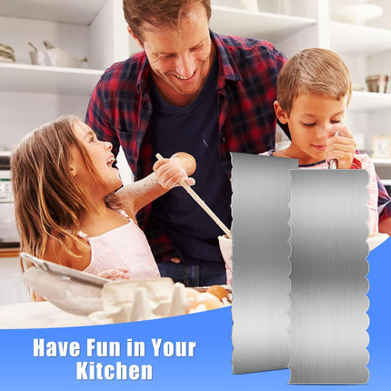 4 Pieces Stainless Steel Cake Scraper Smoother Large Double Sided Patterned Edge Stripe 9 Inch Metal Cake Decorating Comb for Icing Mousse Butter Cream Decoration, 4 Styles.