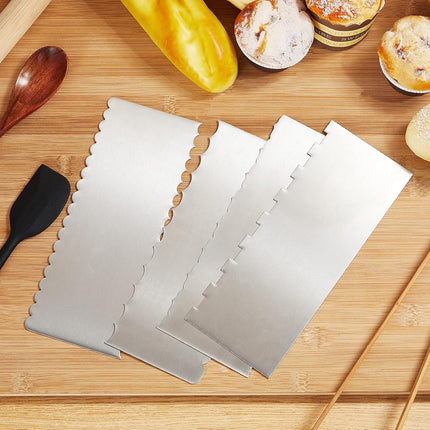 4 Pieces Stainless Steel Cake Scraper Smoother Large Double Sided Patterned Edge Stripe 9 Inch Metal Cake Decorating Comb for Icing Mousse Butter Cream Decoration, 4 Styles.