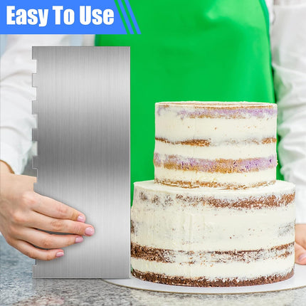 4 Pieces Stainless Steel Cake Scraper Smoother Large Double Sided Patterned Edge Stripe 9 Inch Metal Cake Decorating Comb for Icing Mousse Butter Cream Decoration, 4 Styles.