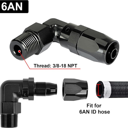 3/8 NPT Male to 6AN 90 Degree Hose End Fitting Swivel for CPE Braided Hose.