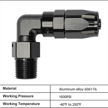 3/8 NPT Male to 6AN 90 Degree Hose End Fitting Swivel for CPE Braided Hose.