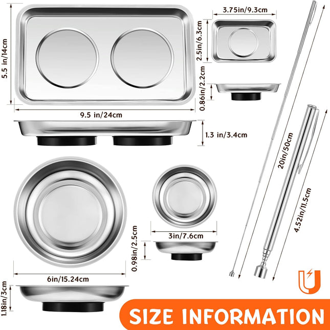 4 pcs Magnetic Tray with Magnetic Pin Screw Bolt Holder Round Magnet Parts Bowl Stainless Steel Pickup Tool Tray for Mechanic's.