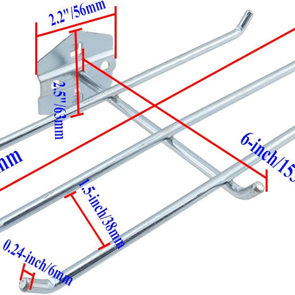 Pegboard Hooks Heavy Duty Metal Steel 3/8" Square Hole Peg Hooks with 6 Bars Suitbale for 1.5" Spaced Pegboards Wall Hooks for Hanging Various Tools - 2pcs.