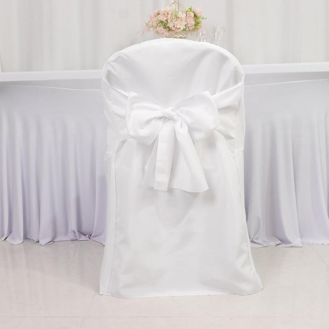 Efavormart 10 Pack White Linen Polyester Folding Chair Covers for Party Dining Chairs Reusable Wedding Chair Slipcovers with Attached Sashes Outdoor Event Decor.